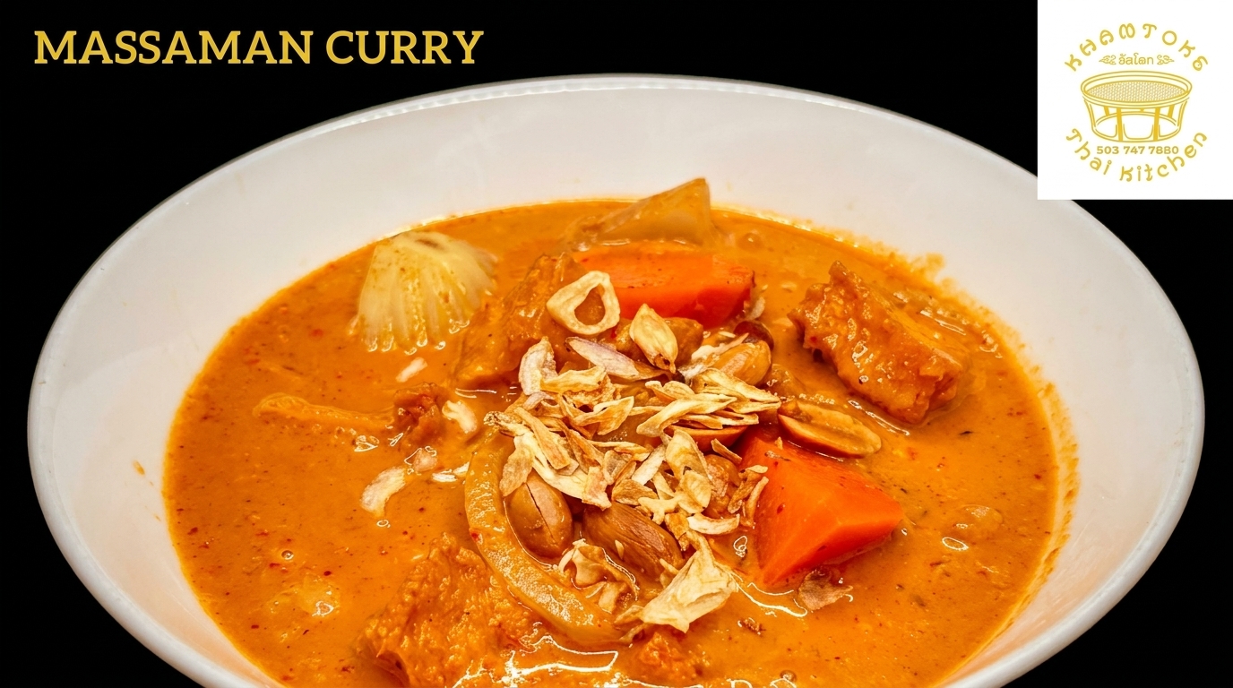 A white bowl filled with Massaman curry, featuring carrots, onions, peanuts, and fried shallots.