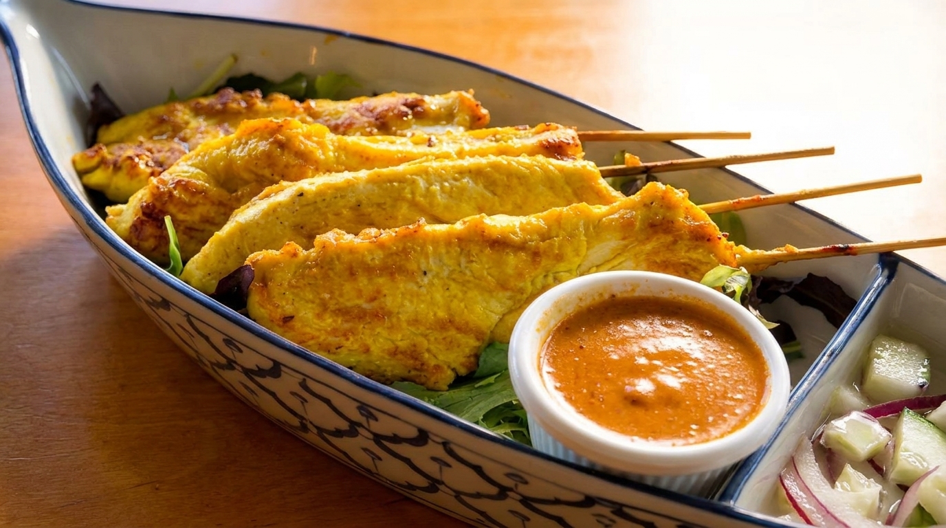 Chicken satay skewers with peanut sauce and a side salad in a boat-shaped dish.