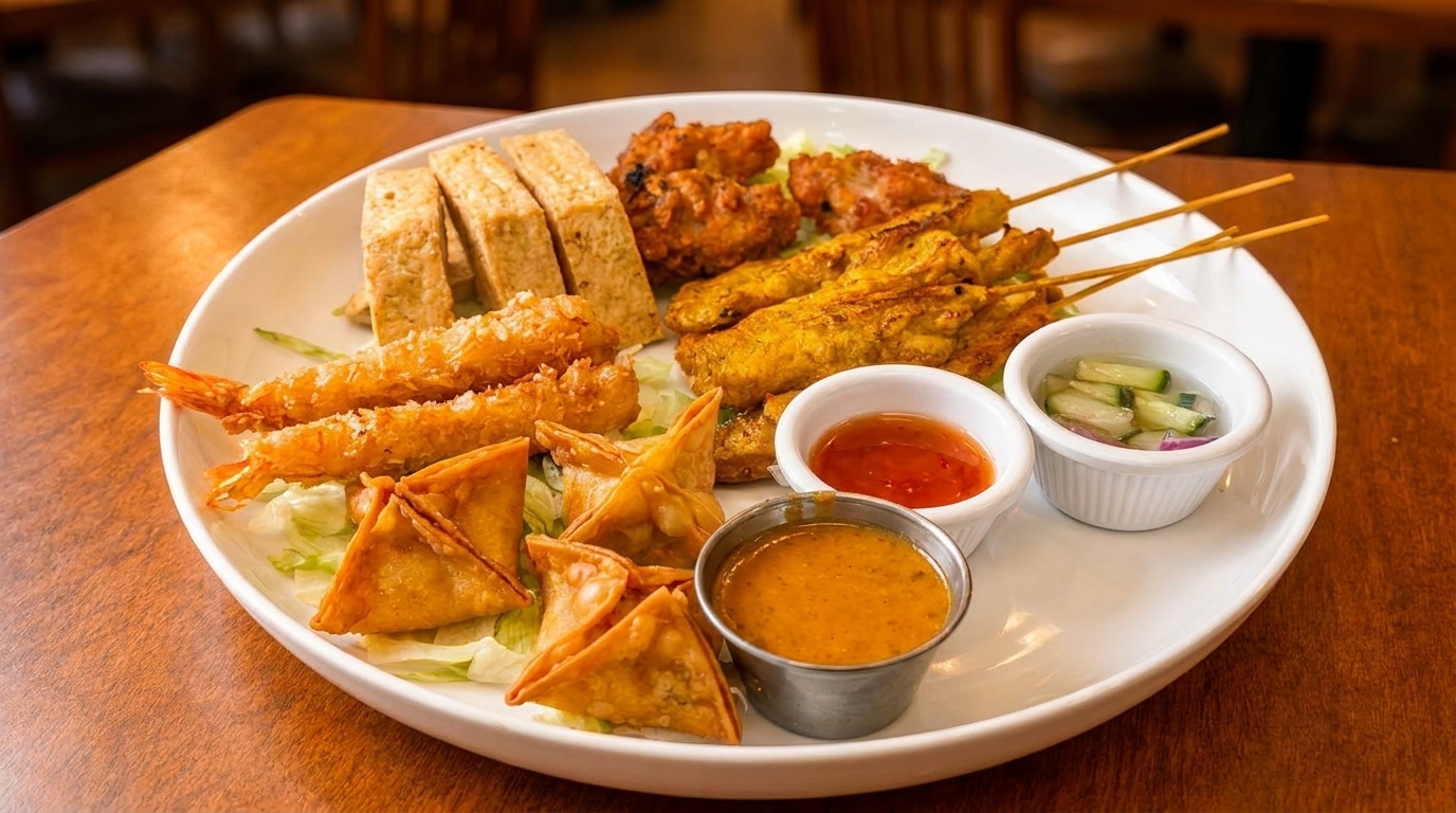 A large appetizer platter with fried shrimp, satay skewers, fried tofu, wontons, and dipping sauces.