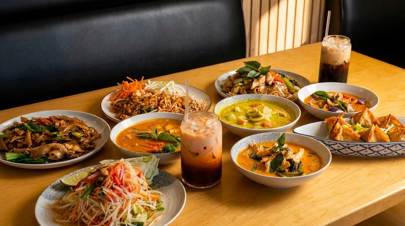 A table laden with various Thai dishes, including curries, noodles, papaya salad, and iced teas.