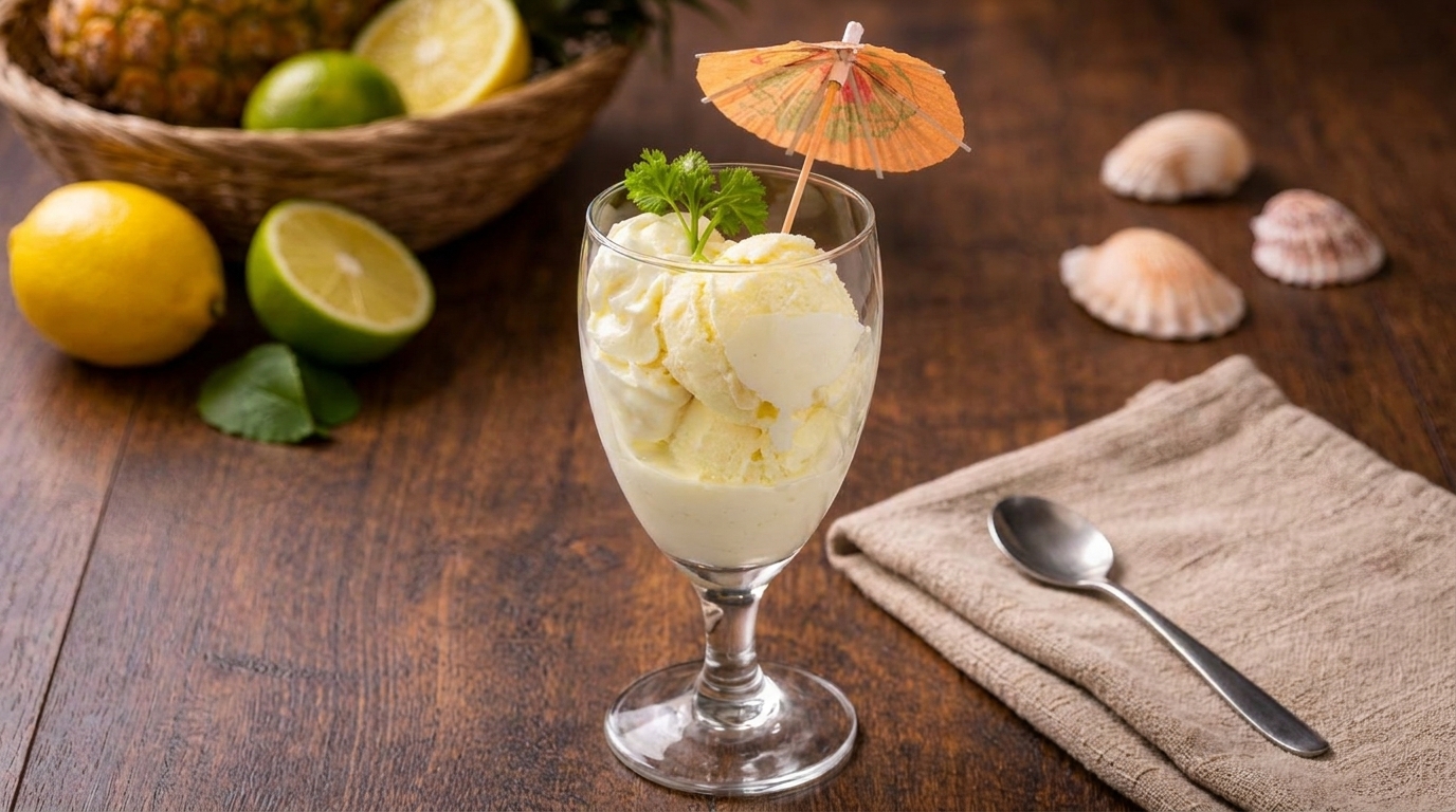 Tropical pineapple ice cream in a glass with a cocktail umbrella, lemons, limes, and seashells.