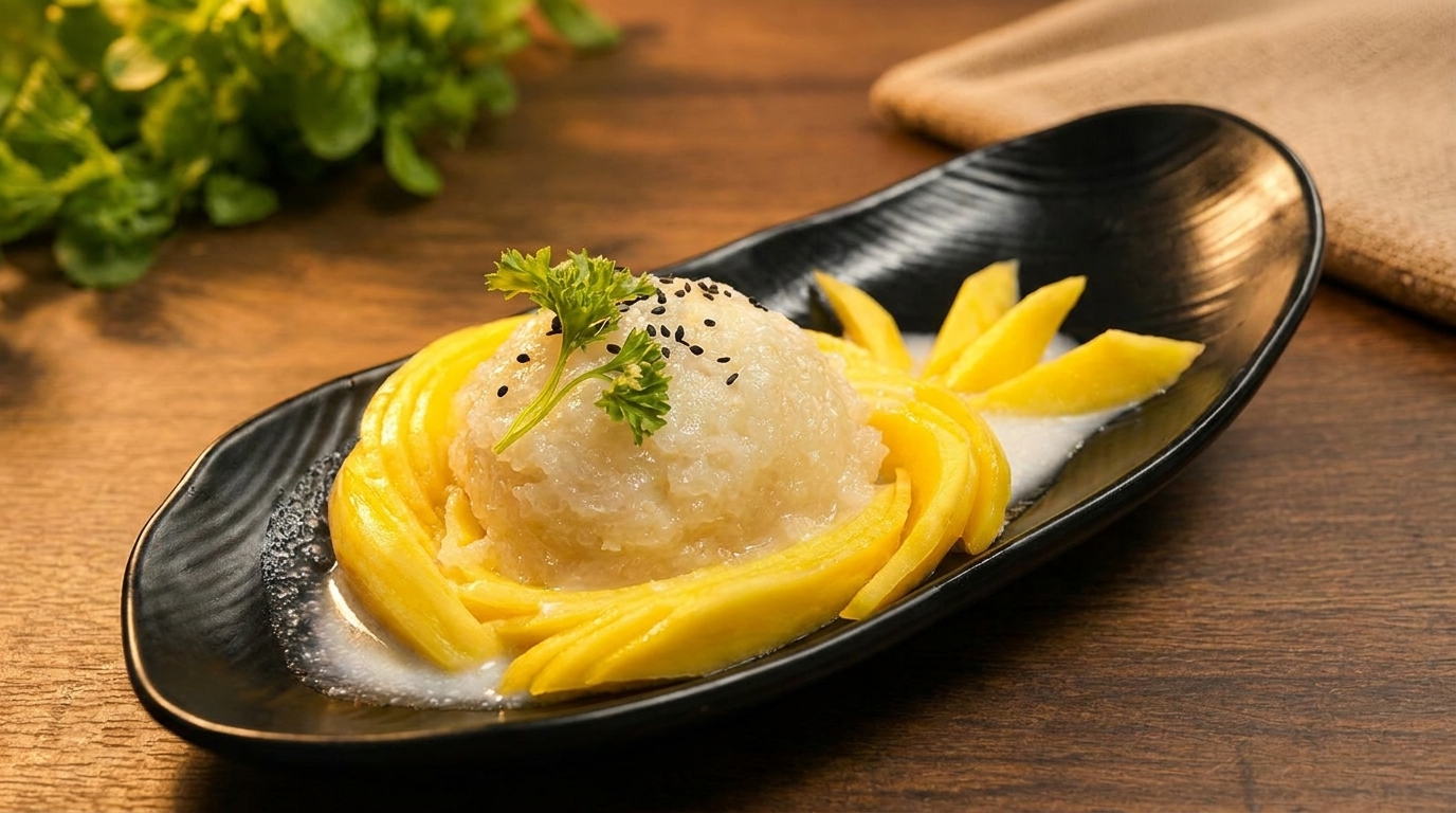Mango sticky rice dessert with coconut milk, garnished with sesame seeds and parsley on a black plate.