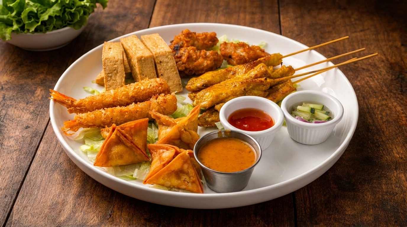 Appetizer platter with fried shrimp, tofu, chicken satay, wontons, and dipping sauces on a white plate.