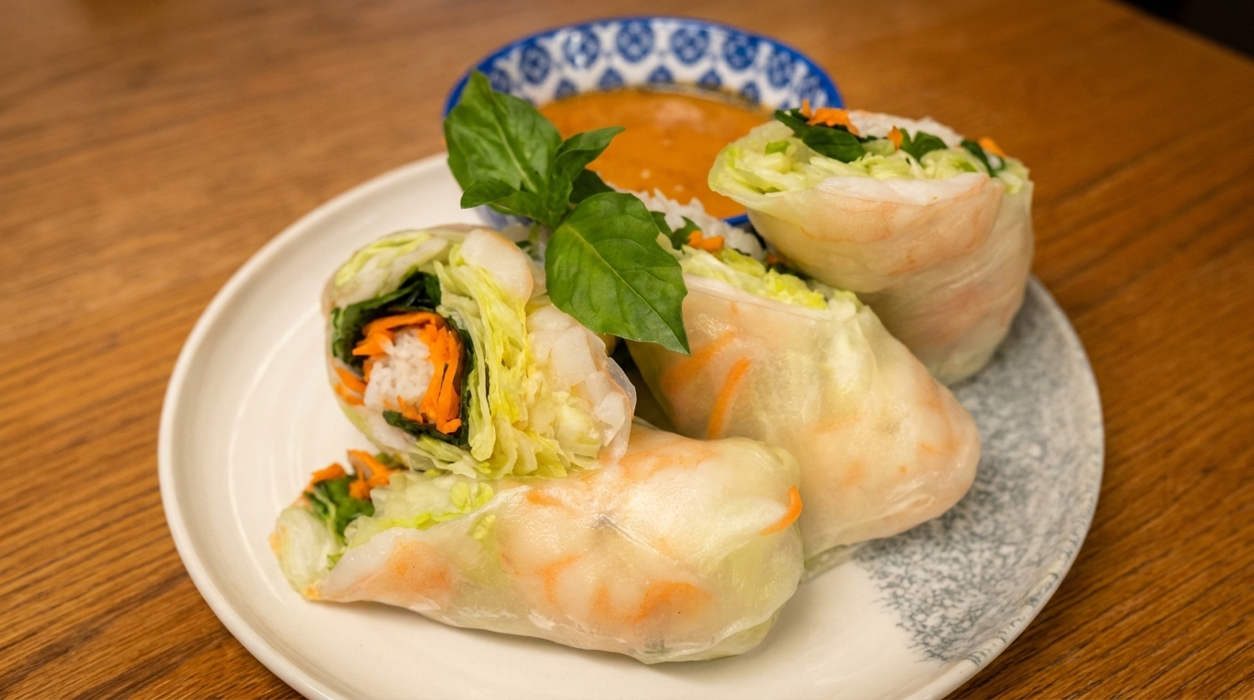 Fresh spring rolls with shrimp, lettuce, carrots, and rice noodles, served with peanut sauce.
