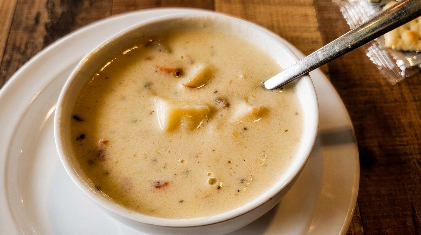 Creamy clam chowder with potatoes and spices in a white bowl with a spoon and crackers.