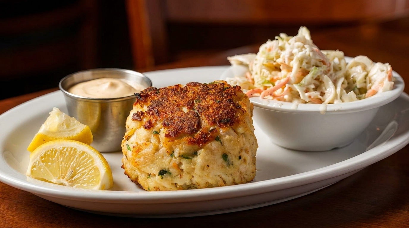Golden-brown crab cake with lemon wedges, dipping sauce, and a side of coleslaw on a white plate.