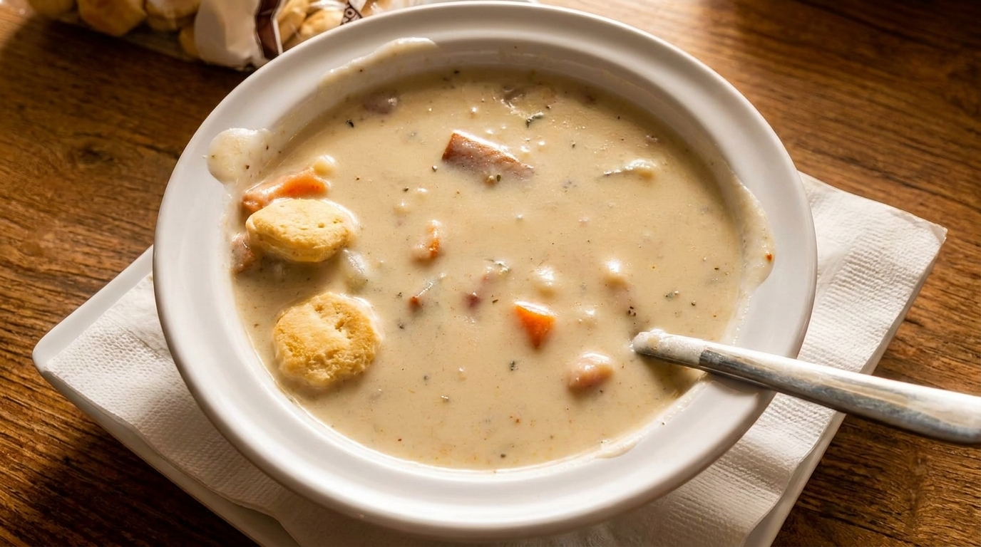 Creamy clam chowder with crackers, carrots, and herbs in a white bowl with a spoon.