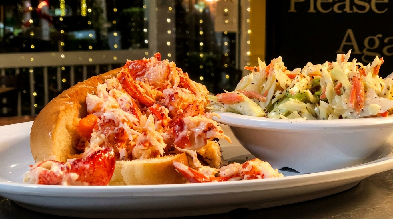 A lobster roll overflowing with meat and a side of coleslaw on a white plate.