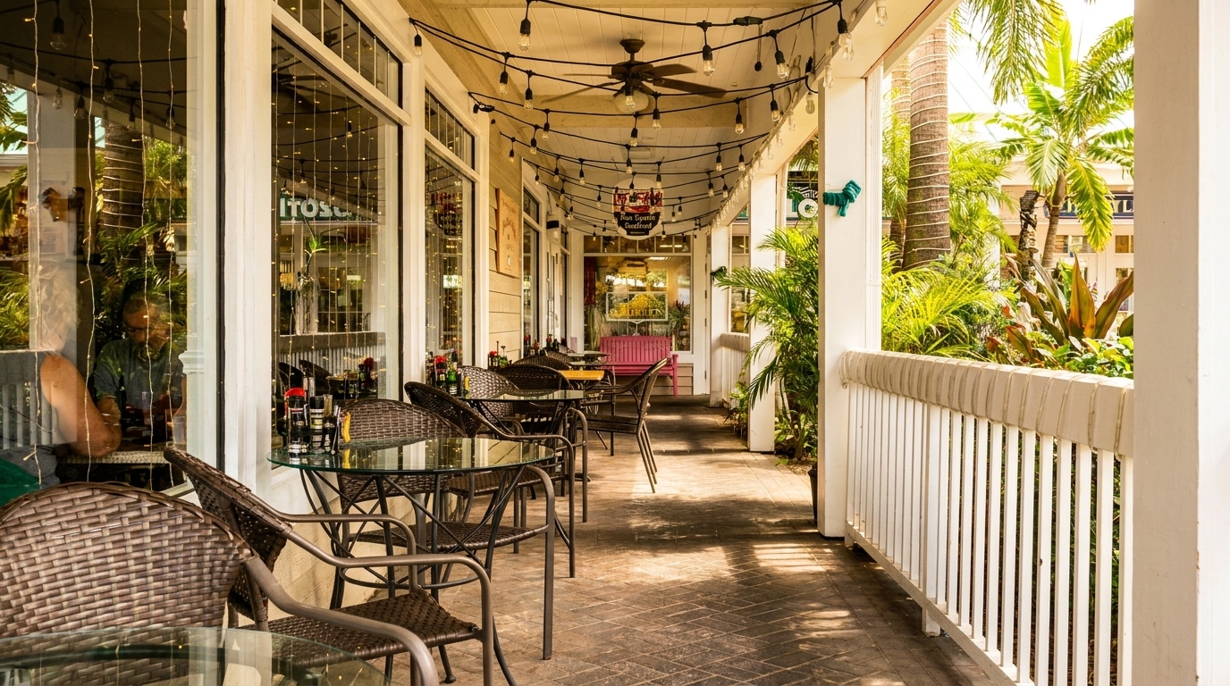 An outdoor restaurant patio with tables and chairs, string lights, and tropical plants.