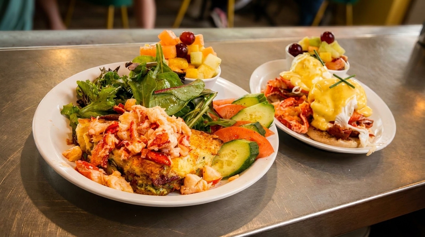Two plates of lobster dishes, one with an omelet and salad, the other with eggs Benedict.
