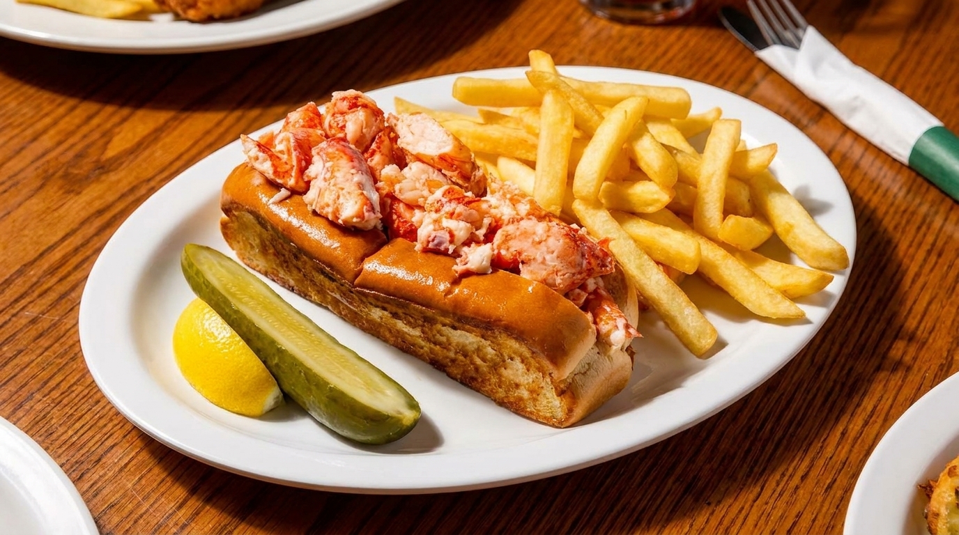 A lobster roll with fries, a pickle spear, and a lemon wedge on a white plate.