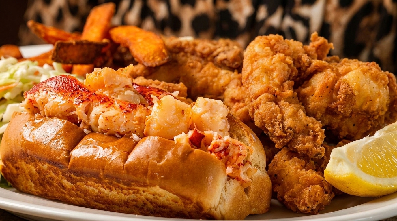 A lobster roll, fried shrimp, sweet potato fries, coleslaw, and a lemon wedge on a plate.