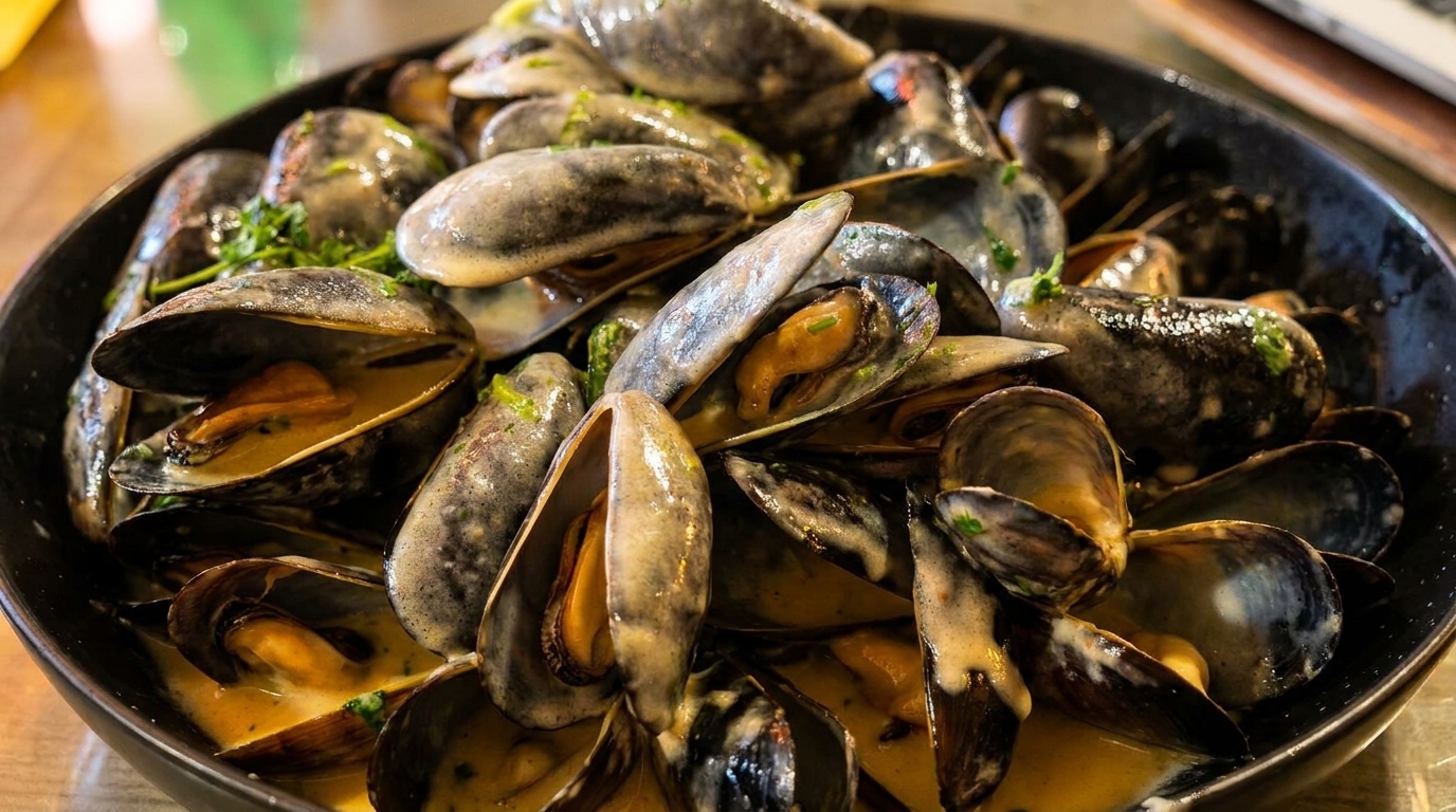 Close-up of a black bowl filled with mussels in a creamy sauce, garnished with herbs.
