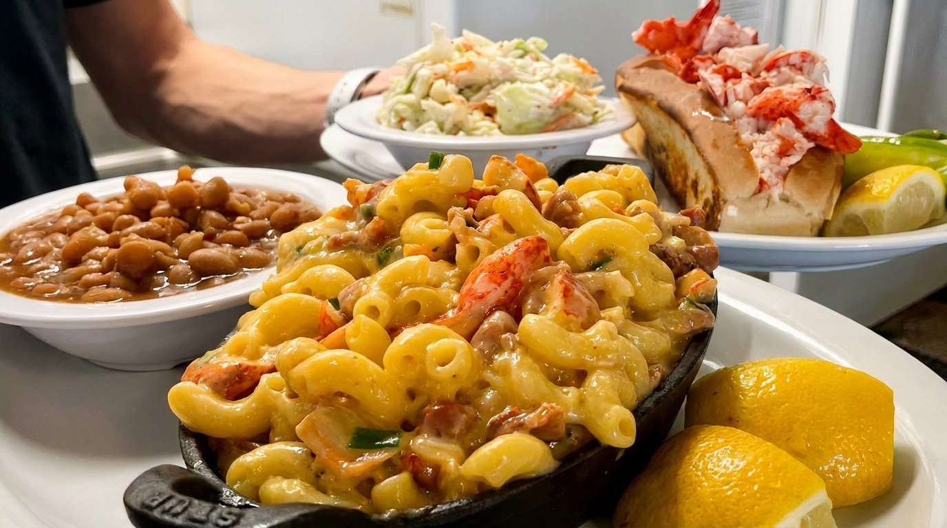 Lobster mac and cheese in a cast iron dish, with baked beans, coleslaw, and a lobster roll.