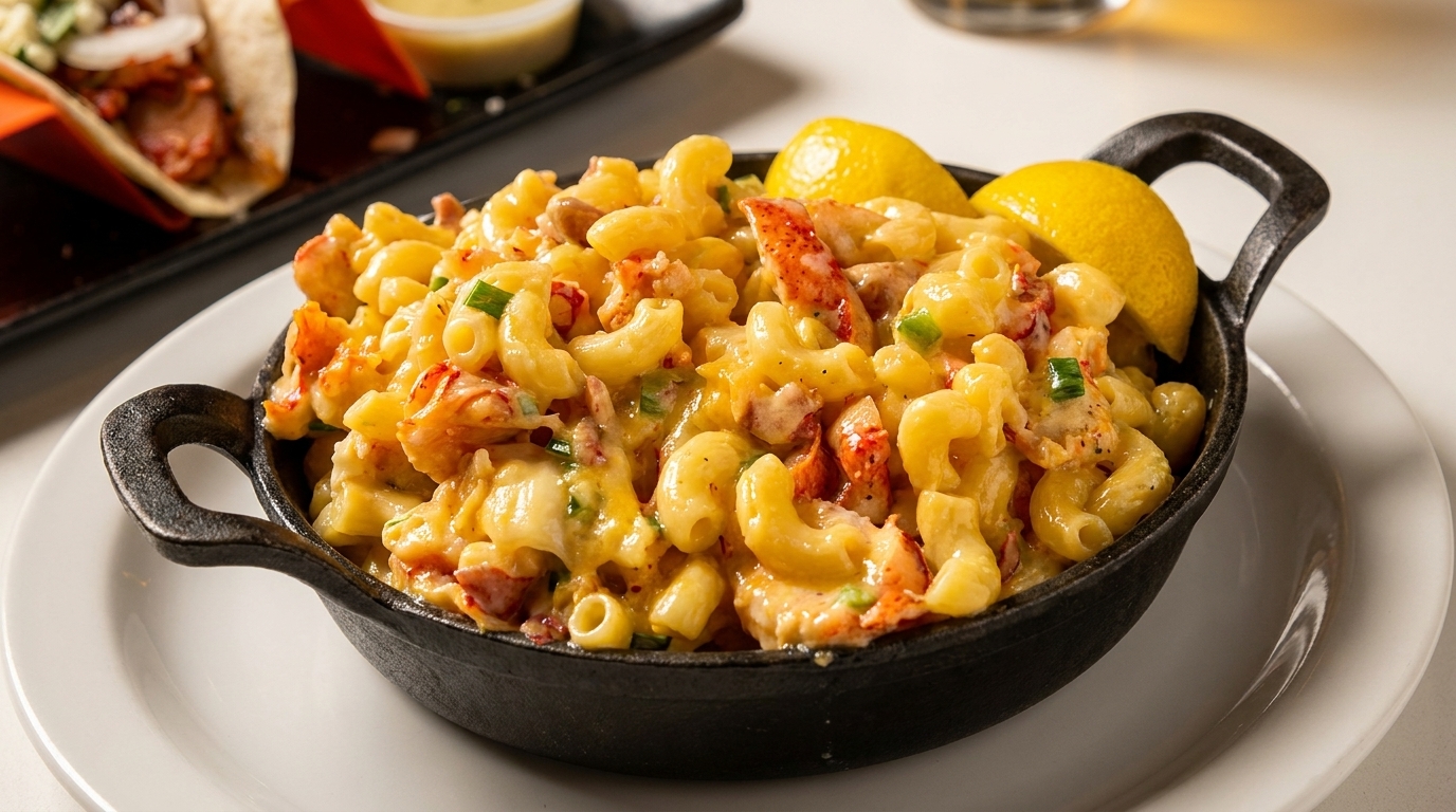 Close-up of creamy lobster macaroni and cheese in a black skillet with lemon wedges.