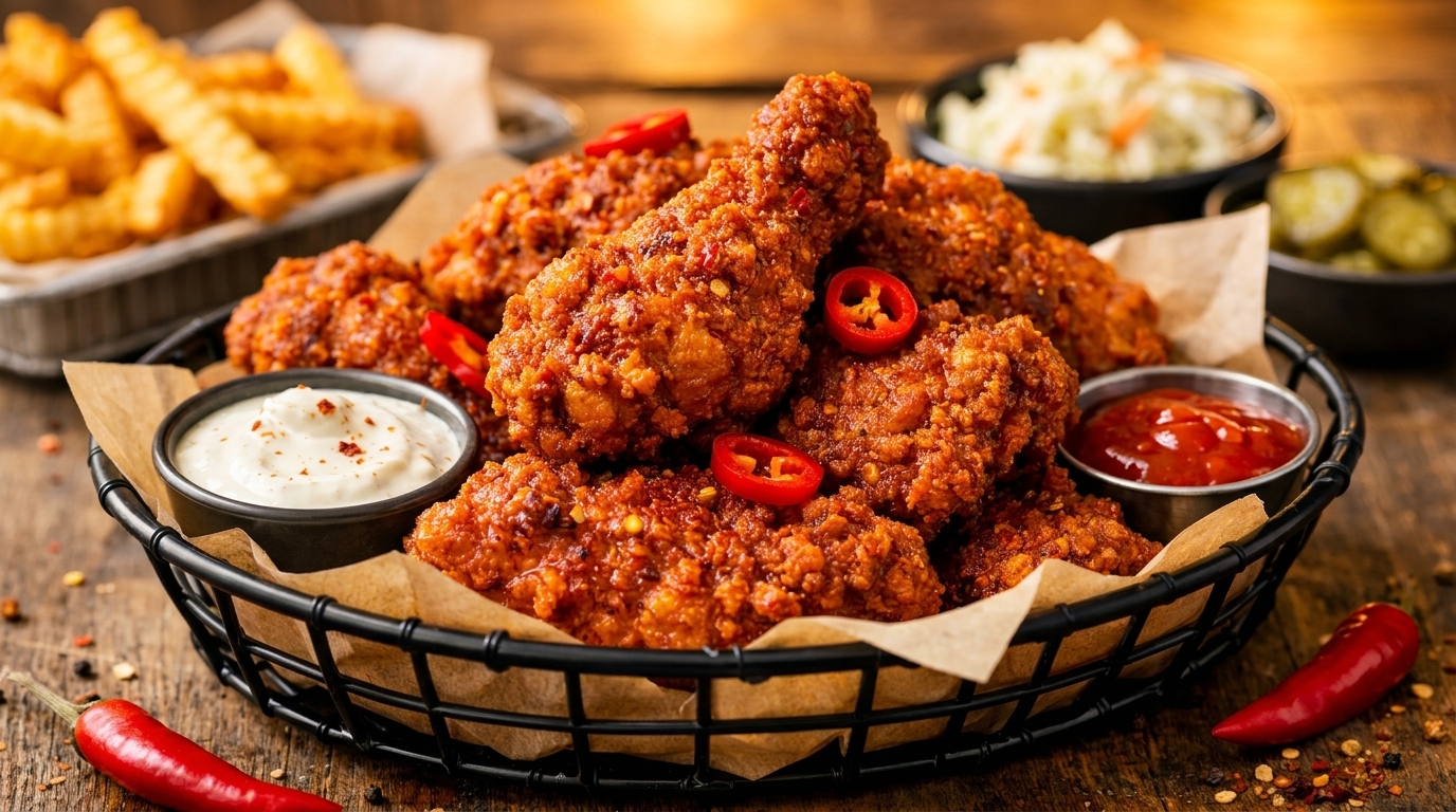 Crispy fried chicken pieces with chili flakes and sliced peppers, served with dipping sauces and sides.