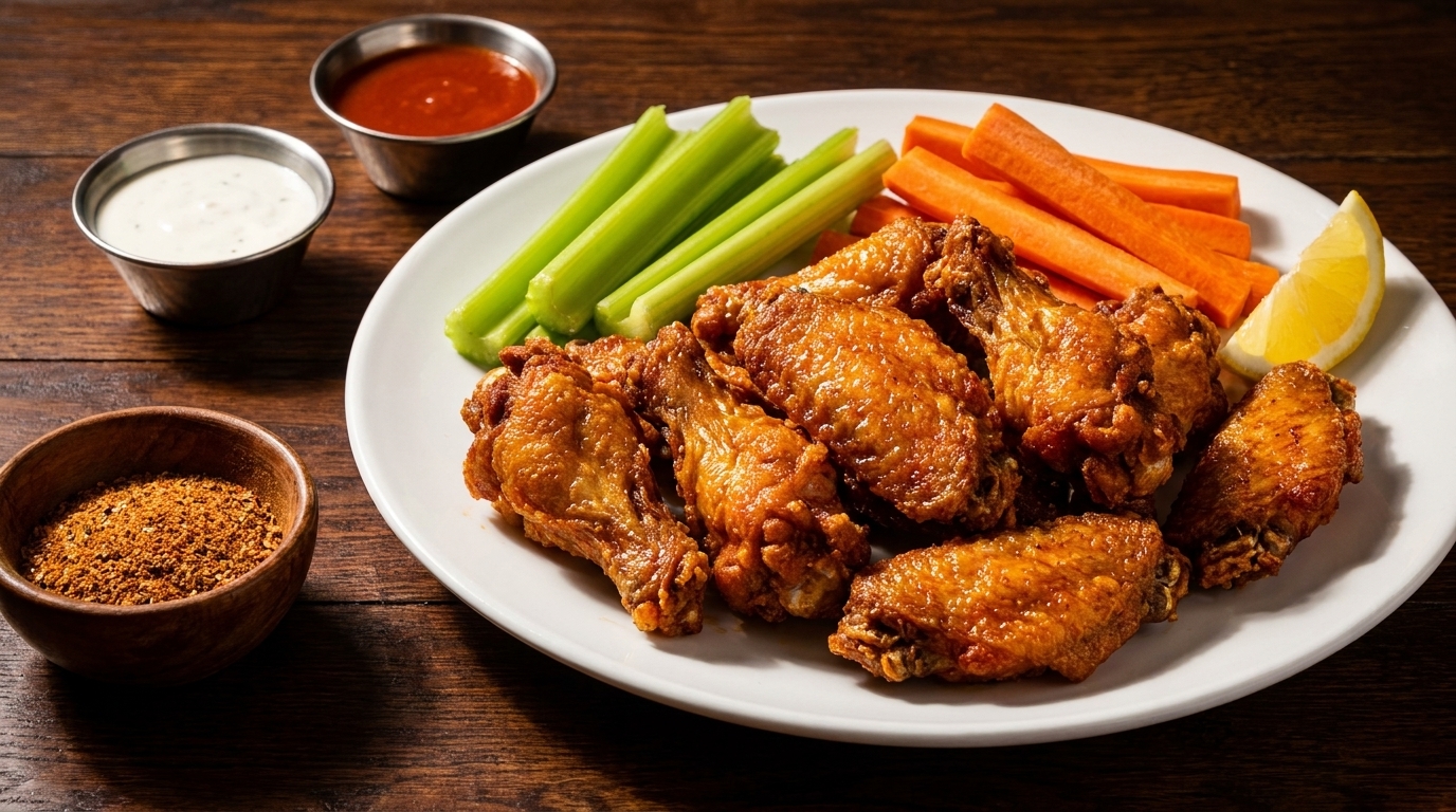 Crispy fried chicken wings with celery, carrots, lemon, ranch, hot sauce, and seasoning on a white plate.