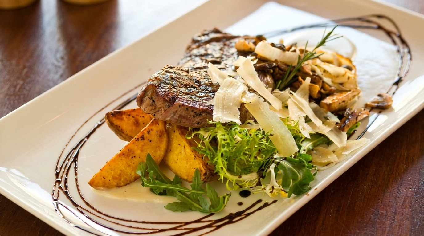 Grilled steak with potato wedges, mixed greens, shaved cheese, and mushrooms on a white plate.