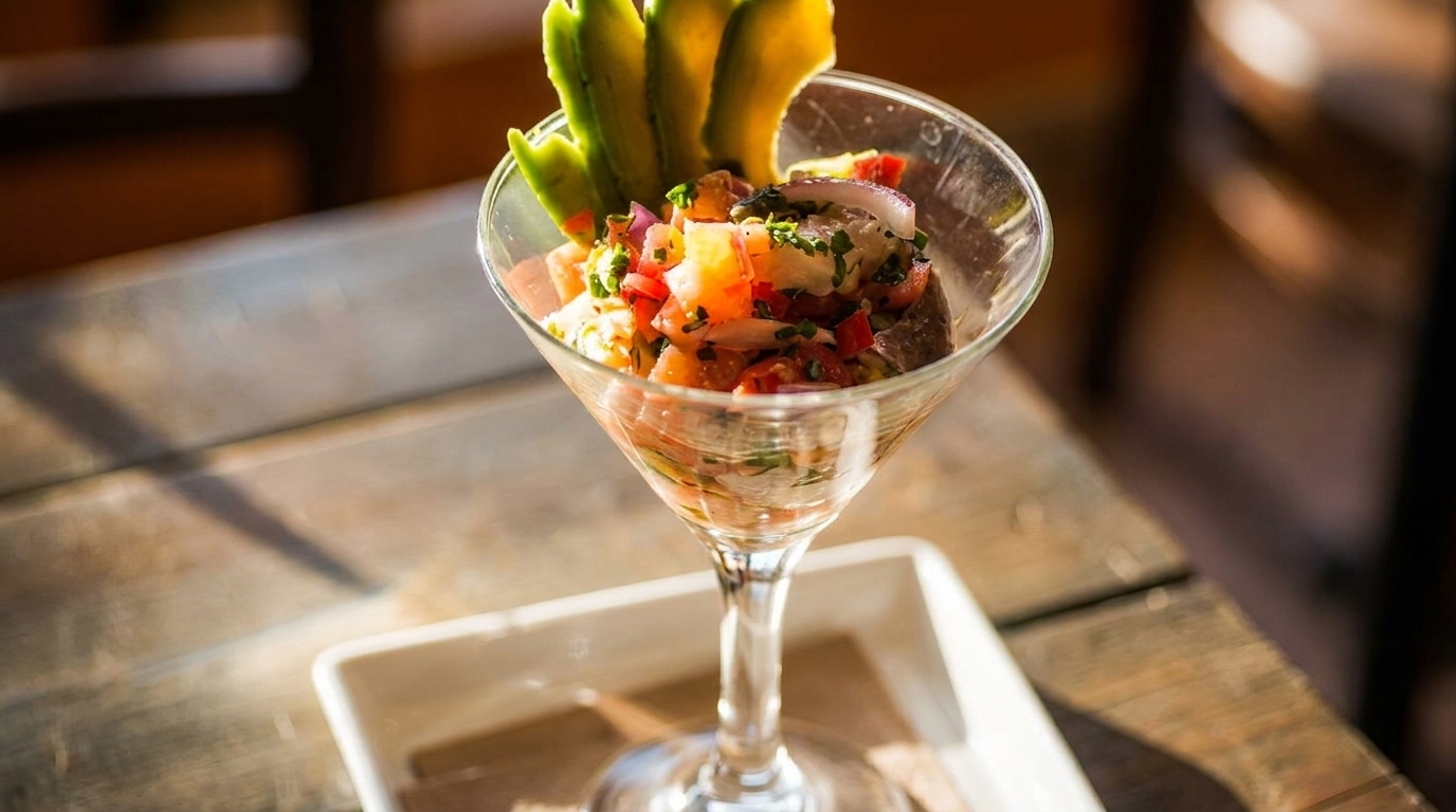 Colorful ceviche with avocado slices in a martini glass on a rustic wooden table.
