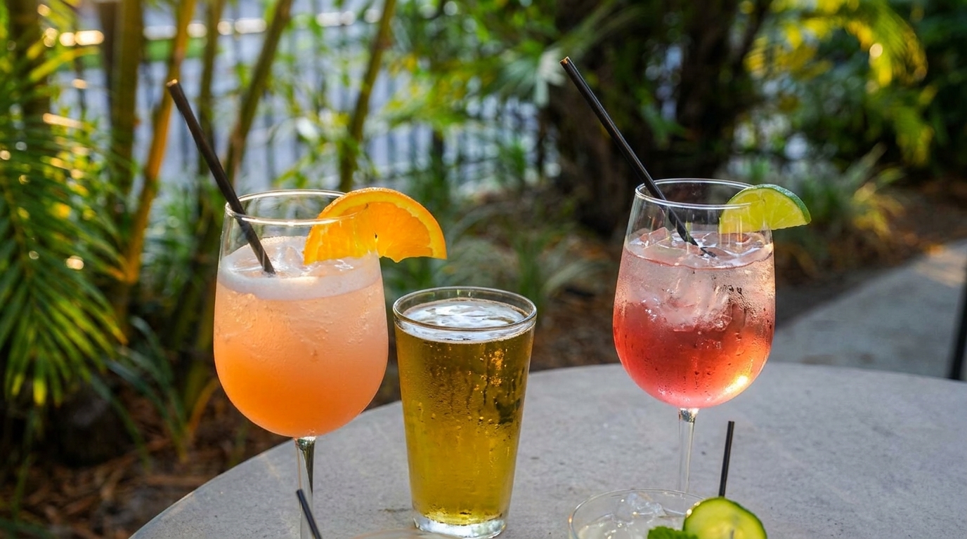 Three refreshing drinks, two cocktails with fruit garnishes and a beer, on an outdoor table.