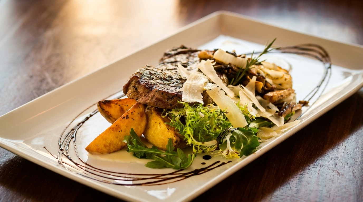 Grilled steak with potato wedges, mushrooms, fresh greens, and shaved parmesan on a white plate.