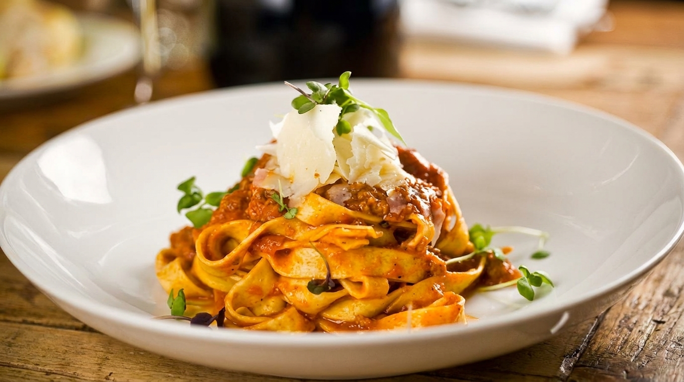 Close-up of tagliatelle pasta with bolognese sauce, parmesan cheese, and fresh herbs on a white plate.