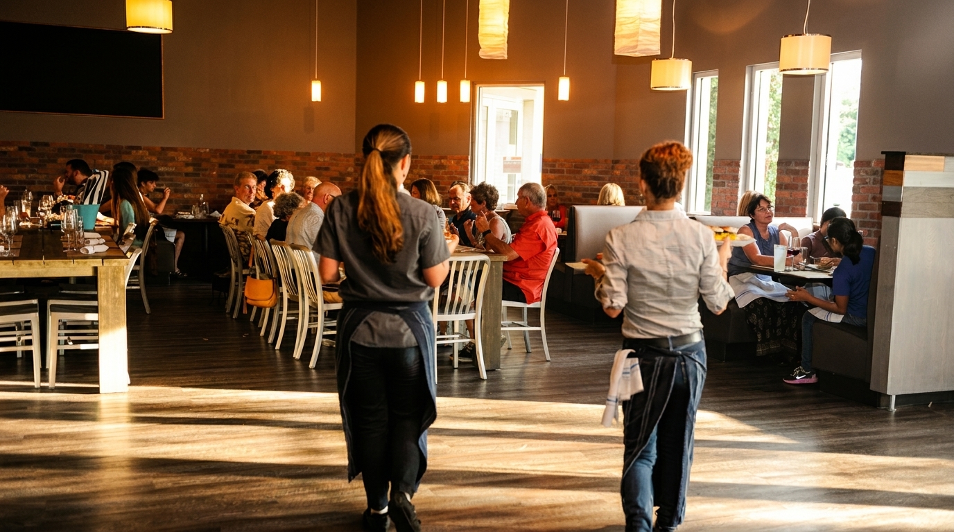 Waitstaff serving customers dining at tables in a sunlit restaurant with brick walls.
