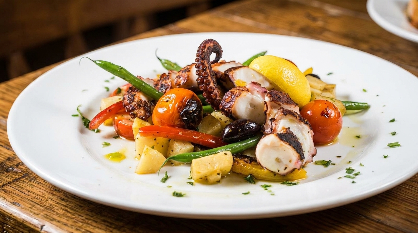 Grilled octopus with roasted potatoes, green beans, tomatoes, olives, and lemon on a white plate.