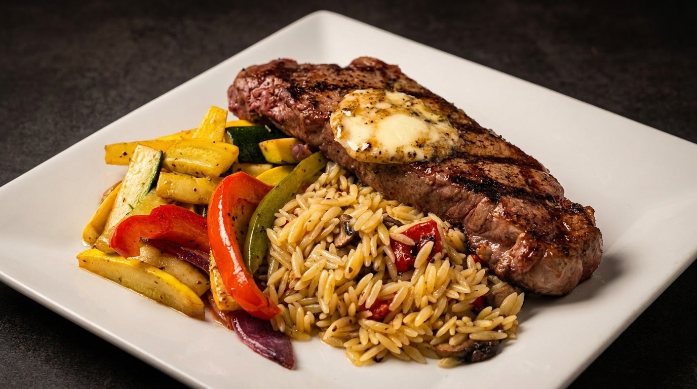 Grilled steak with melting butter, orzo pasta, and roasted vegetables on a white plate.