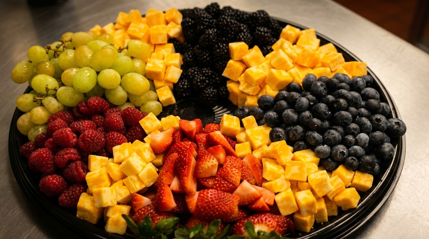 A platter with sections of green grapes, raspberries, strawberries, blueberries, blackberries, and cheese cubes.