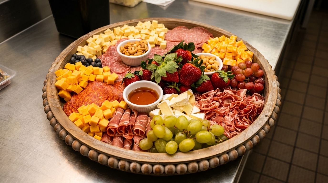 A large wooden charcuterie board filled with cheeses, meats, strawberries, grapes, blueberries, and nuts.