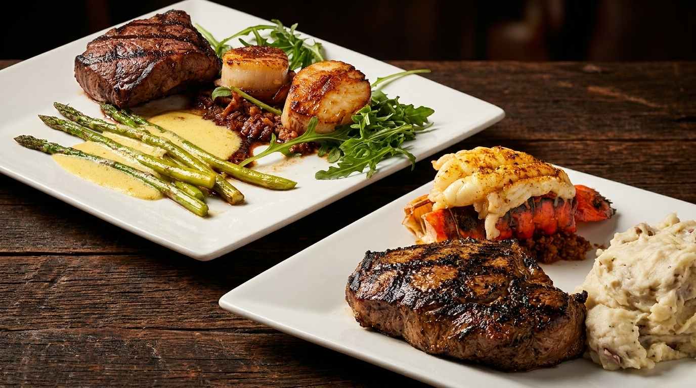 Two plates of steak and seafood, one with scallops and asparagus, the other with lobster and mashed potatoes.