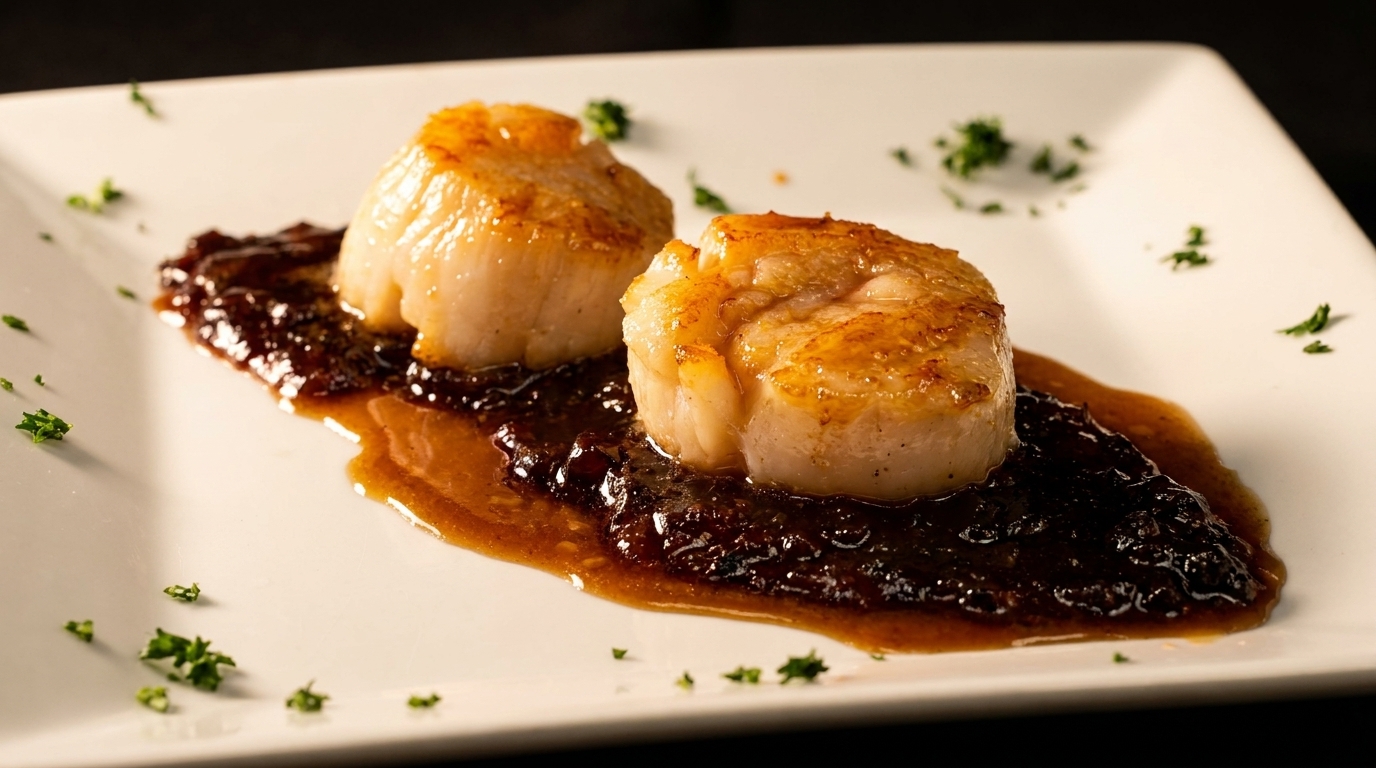 Two seared scallops on a bed of dark sauce, garnished with parsley on a white plate.