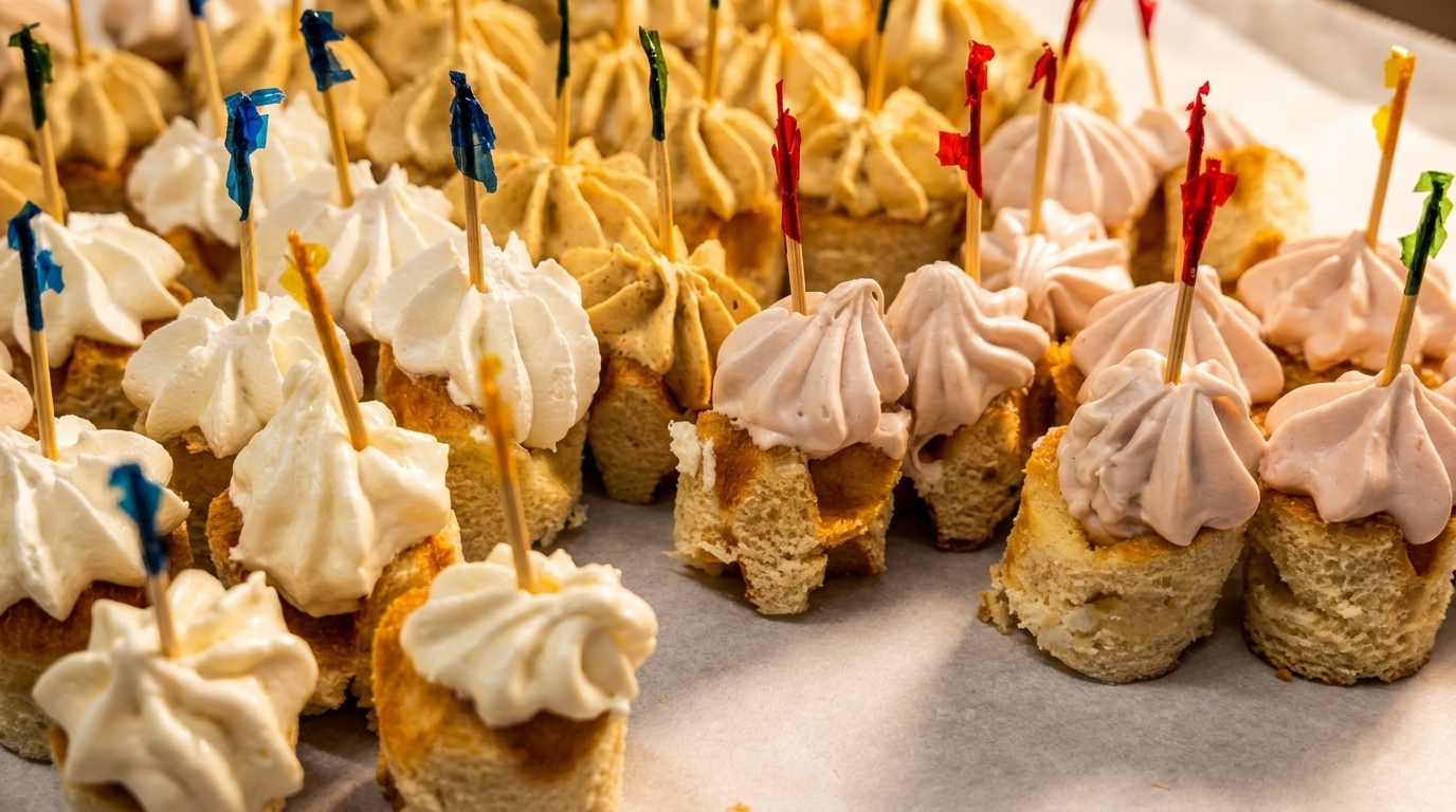 Rows of small dessert bites with white, tan, and pink piped frosting on a white surface.