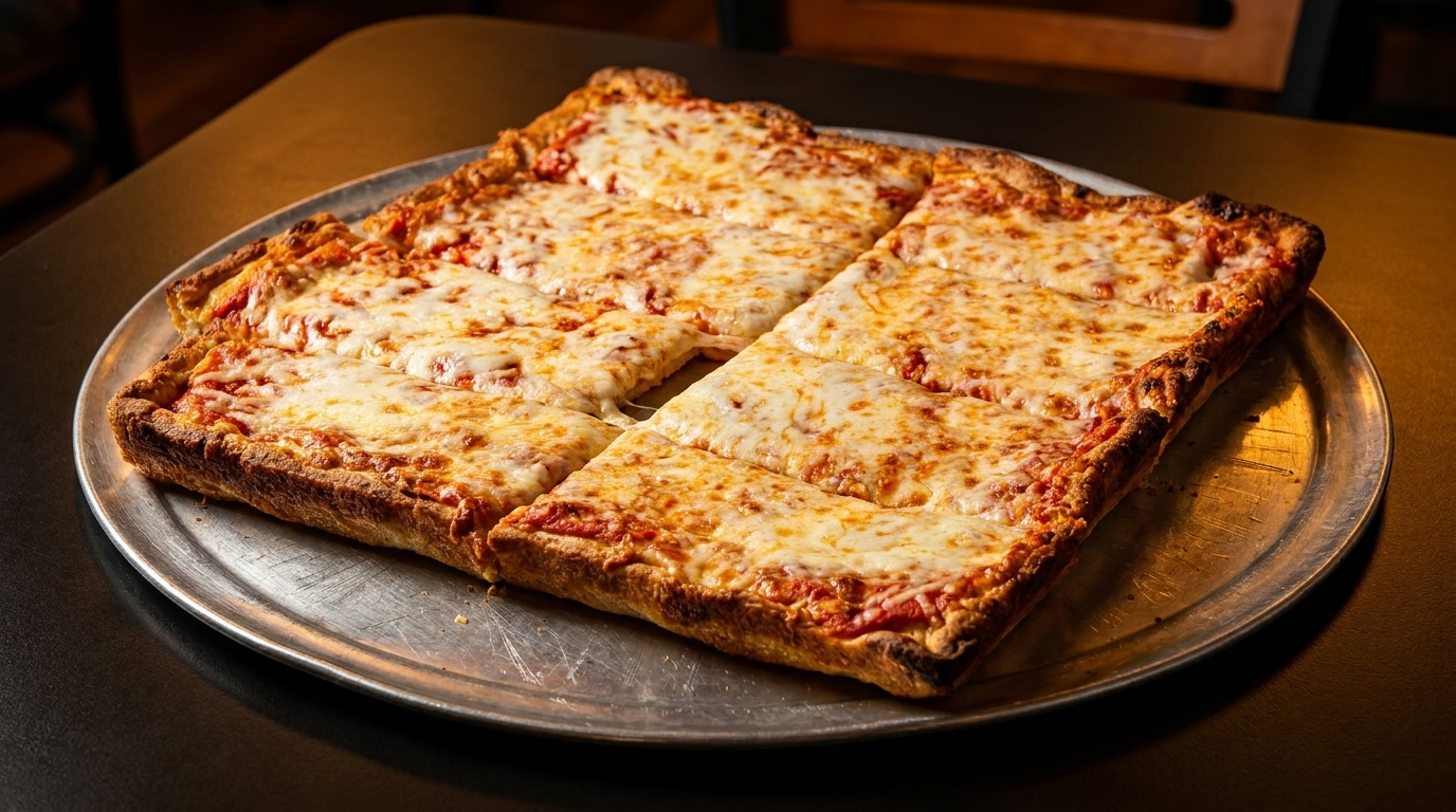 A square, cheesy pizza with thick crust, cut into eight slices, on a metal tray.