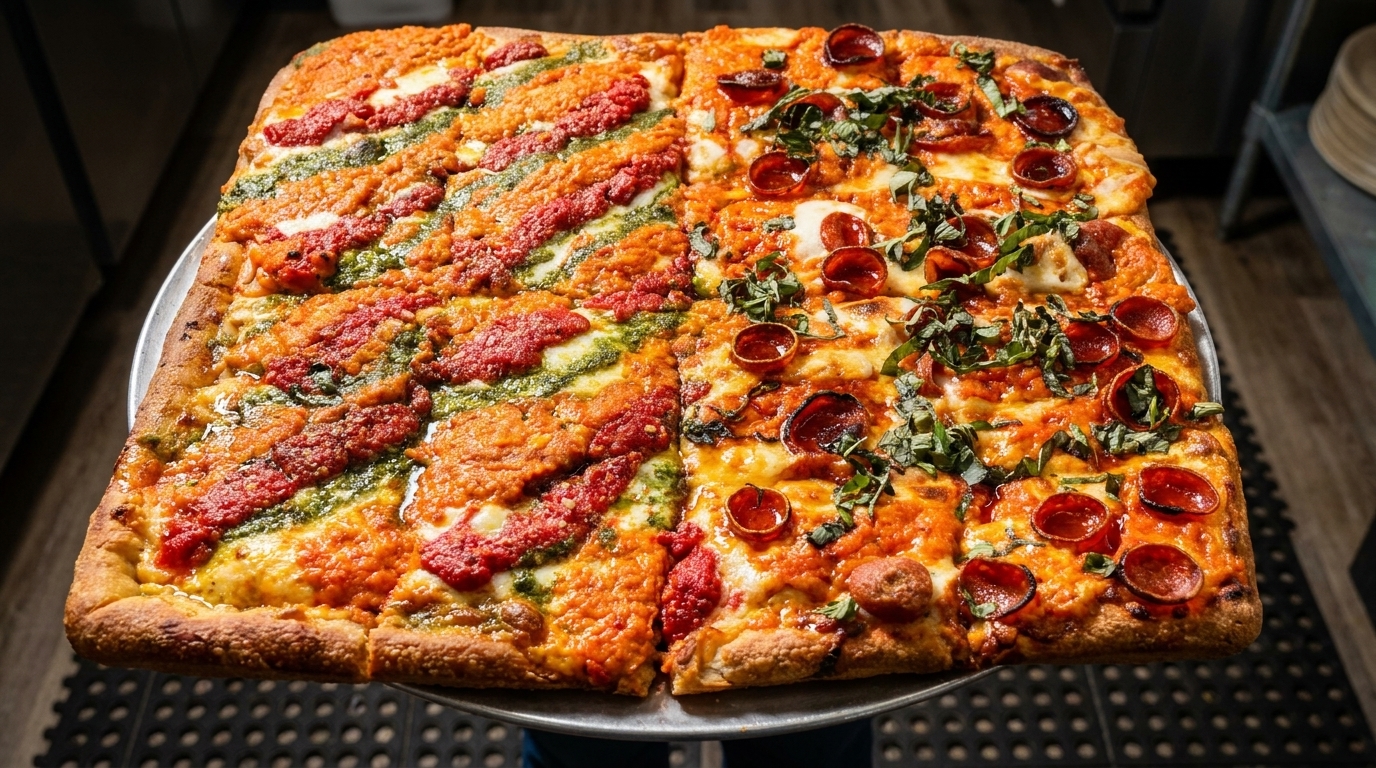 Large rectangular pizza with half pesto and red sauce stripes, half pepperoni and basil.