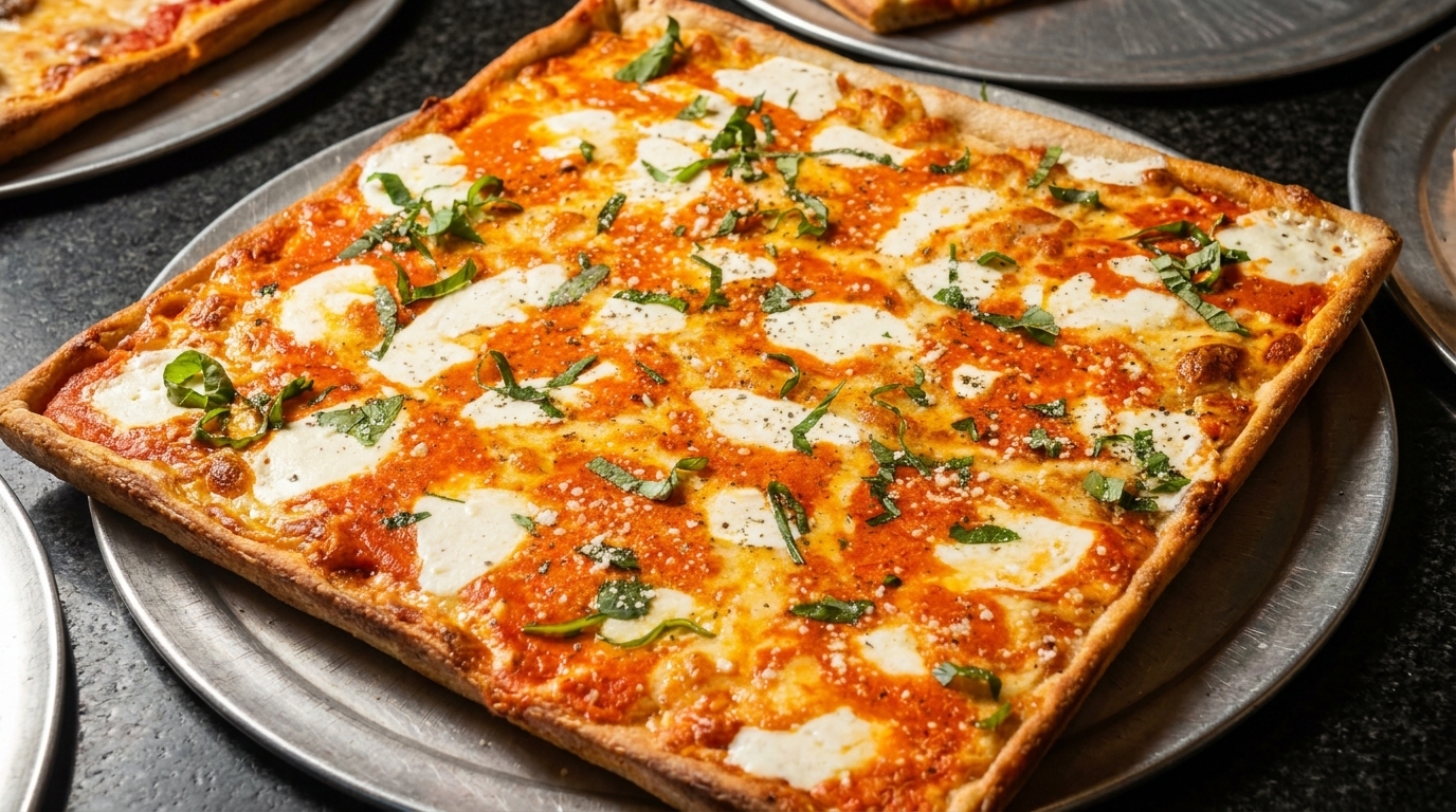 Square pizza with red sauce, fresh mozzarella, basil, and grated cheese on a metal tray.