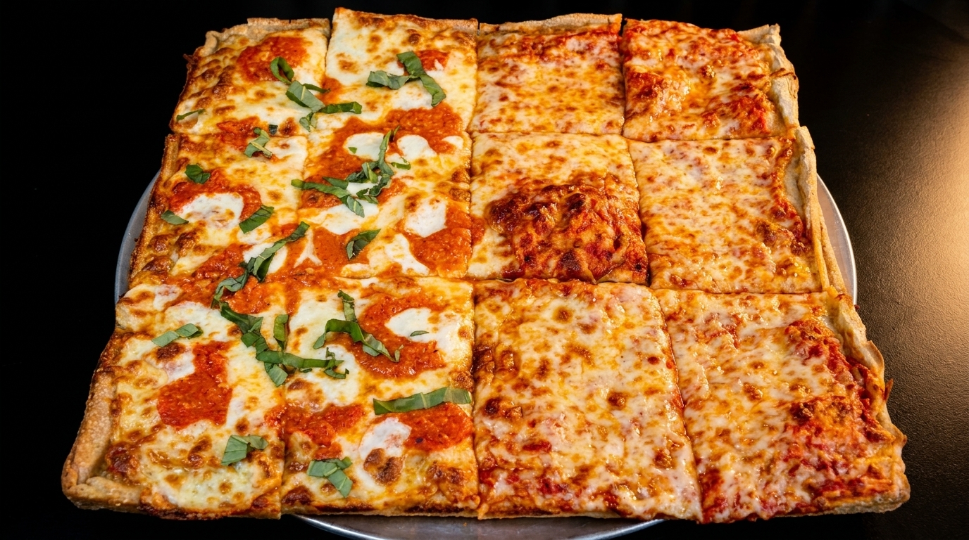 Square-cut Sicilian pizza with half Margherita style and half plain cheese on a metal tray.