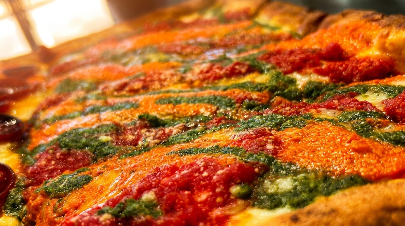 Close-up of a vibrant pizza with alternating stripes of red tomato sauce and green pesto.
