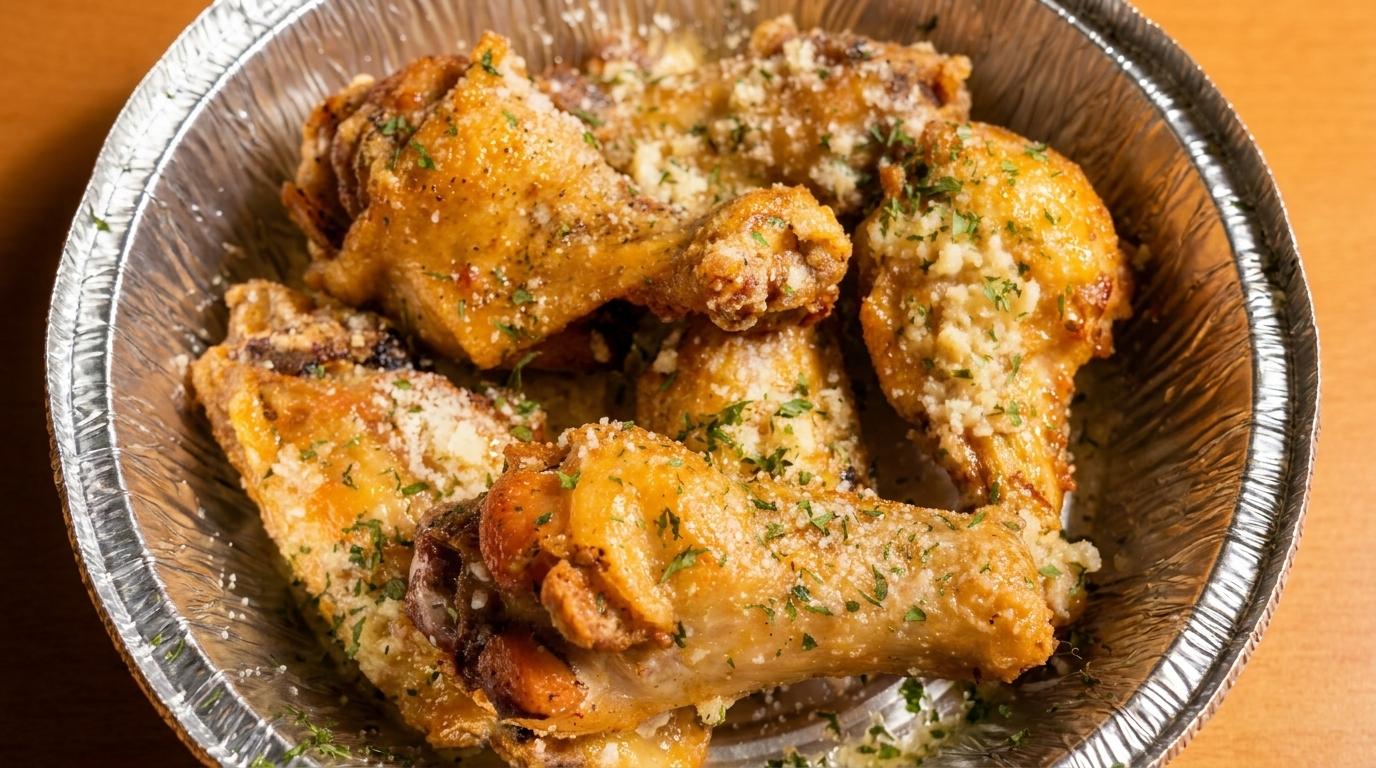 Golden-brown chicken wings, sprinkled with parmesan cheese and parsley, served in a foil container.