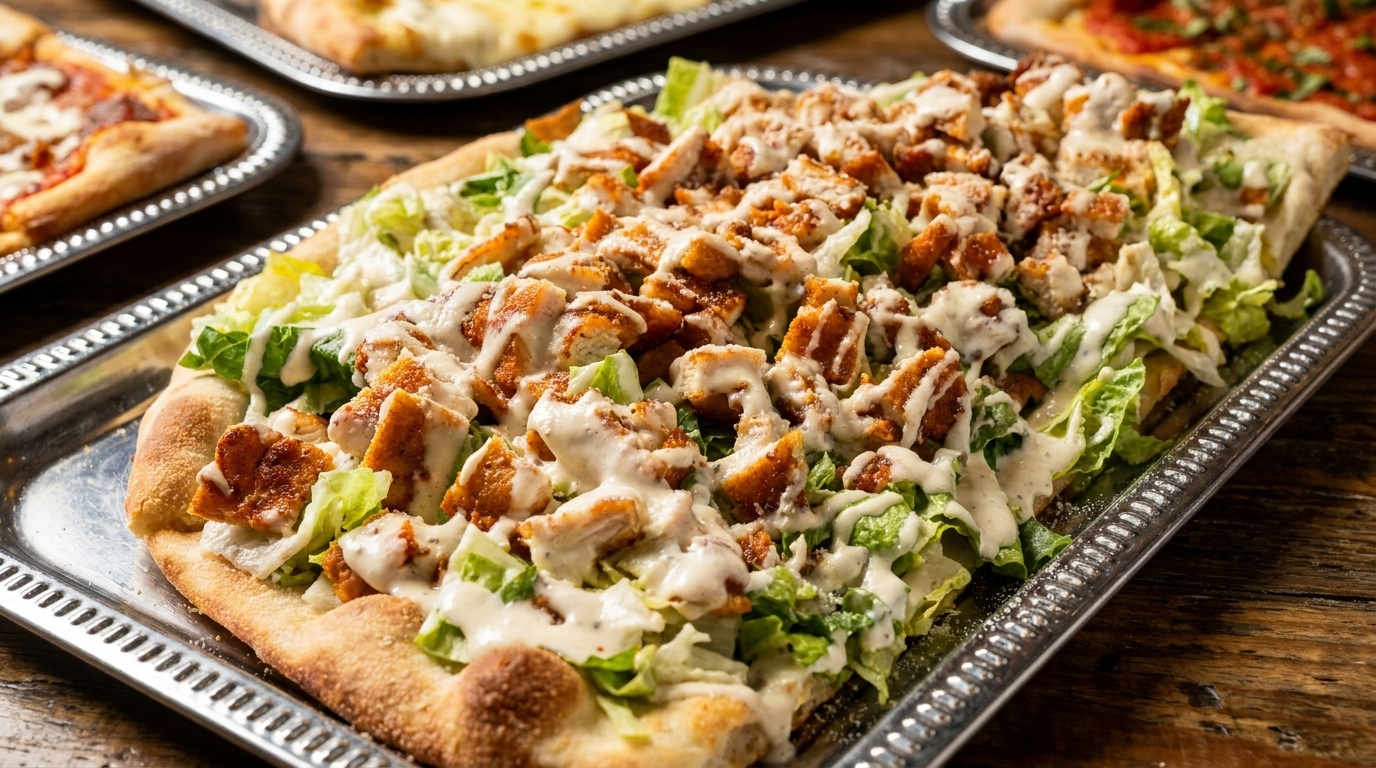 A rectangular flatbread pizza topped with crispy chicken, fresh lettuce, and creamy dressing on a silver tray.