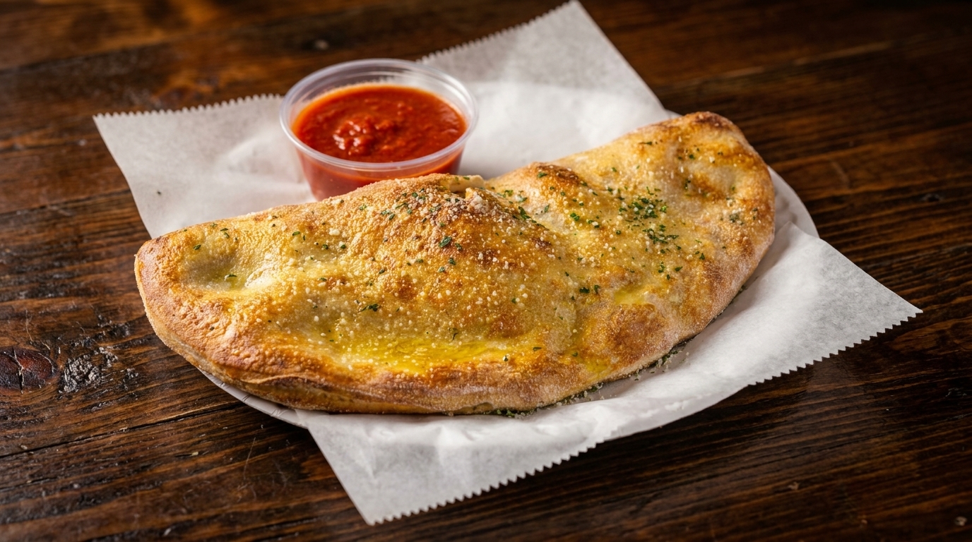 Golden-brown calzone with parmesan and parsley, served with a side of marinara sauce on a wooden table.