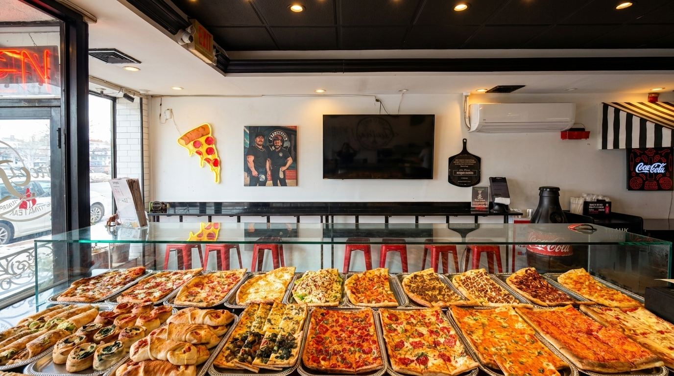 A pizza shop interior with a display case full of various pizza slices and baked goods.
