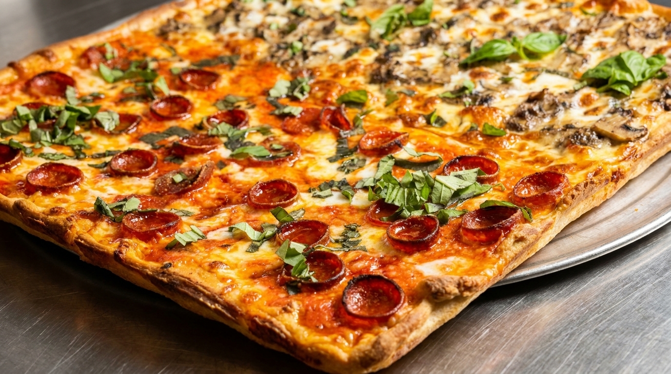 Square pizza with pepperoni and basil on one half, and mushrooms and basil on the other.