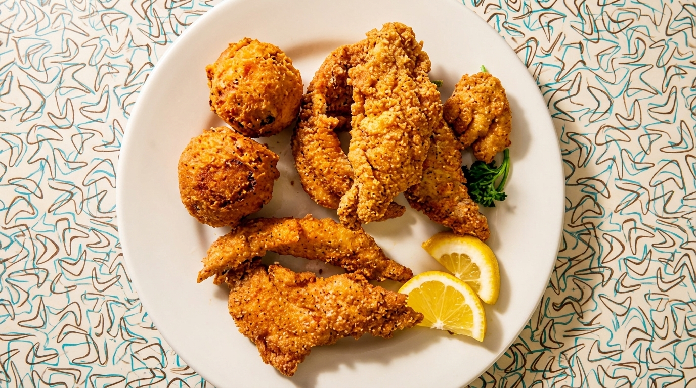A white plate of crispy fried chicken tenders and hush puppies with lemon wedges and parsley.