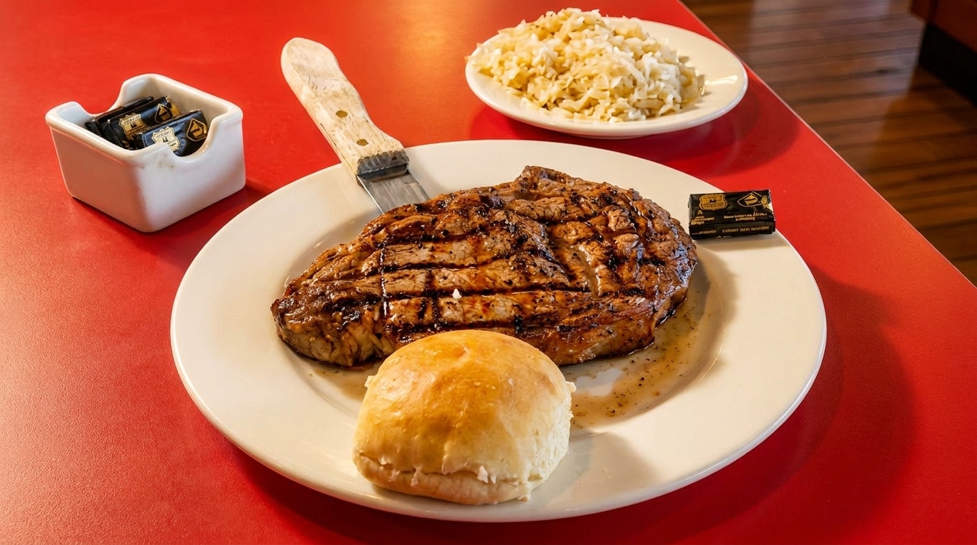 Grilled steak, a dinner roll, and rice on a white plate, with butter pats on a red table.