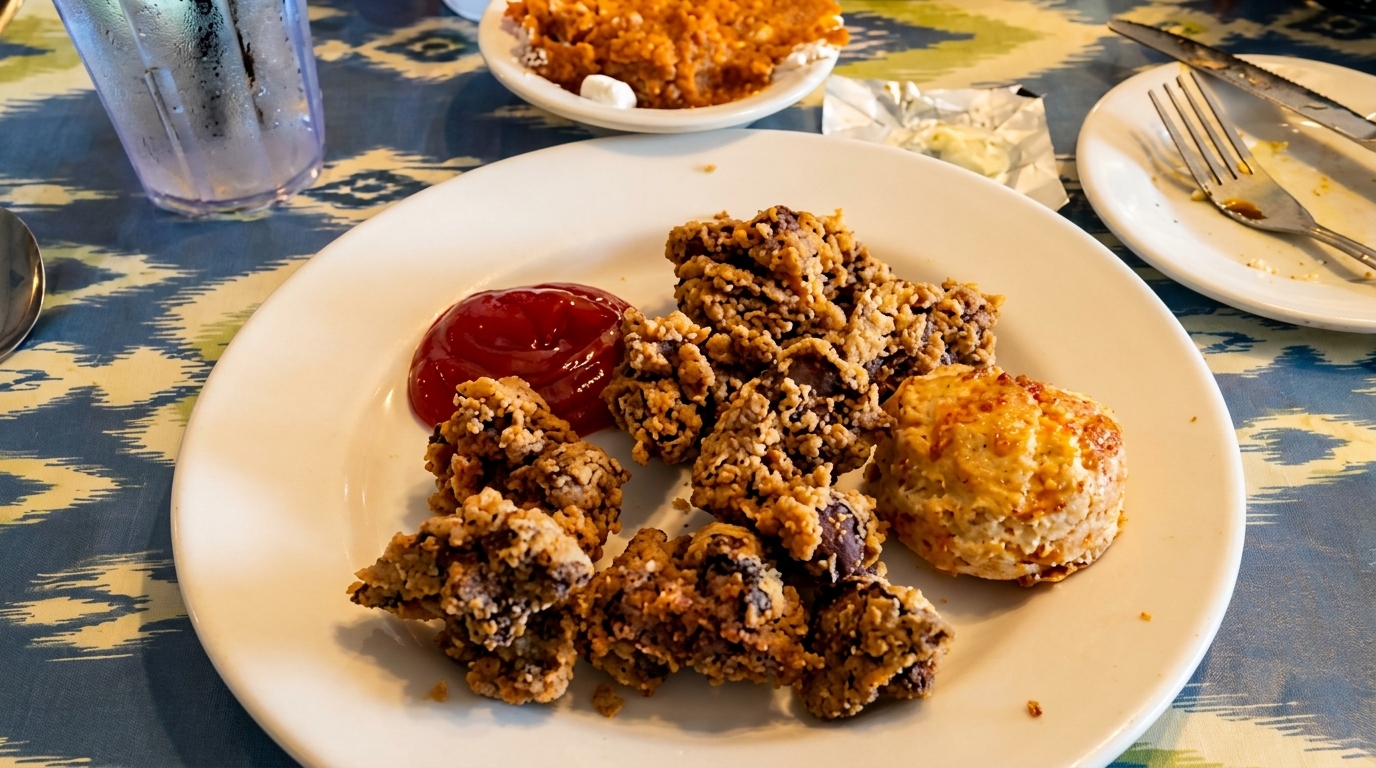 Fried chicken livers with ketchup and a biscuit on a white plate, with a side of sweet potatoes.
