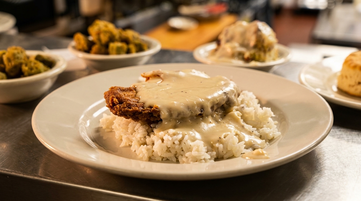 Chicken fried steak with gravy and rice, with sides of fried okra and a biscuit.