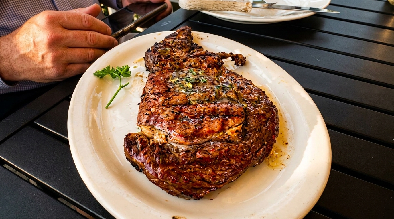 A large, perfectly cooked steak with melted butter and herbs on a white plate, with a person's hand in the background.