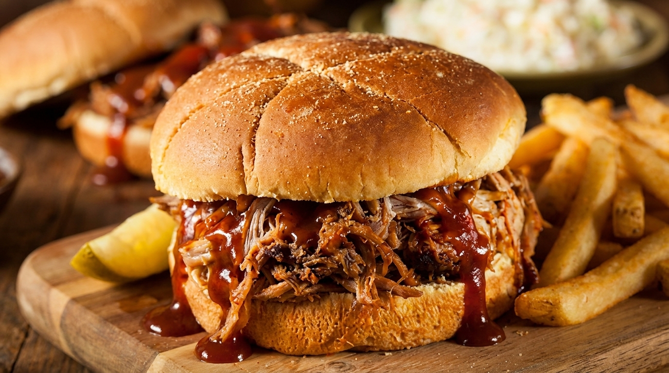 Pulled pork sandwich with barbecue sauce, a pickle, and french fries on a wooden board.